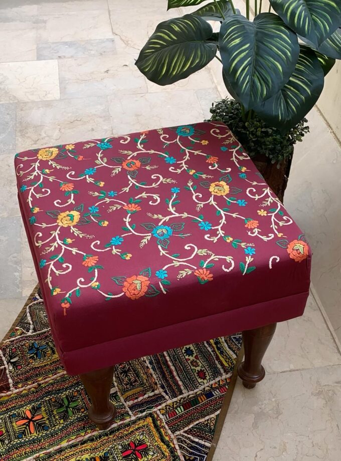 Square Puffy Stool with Embroidery