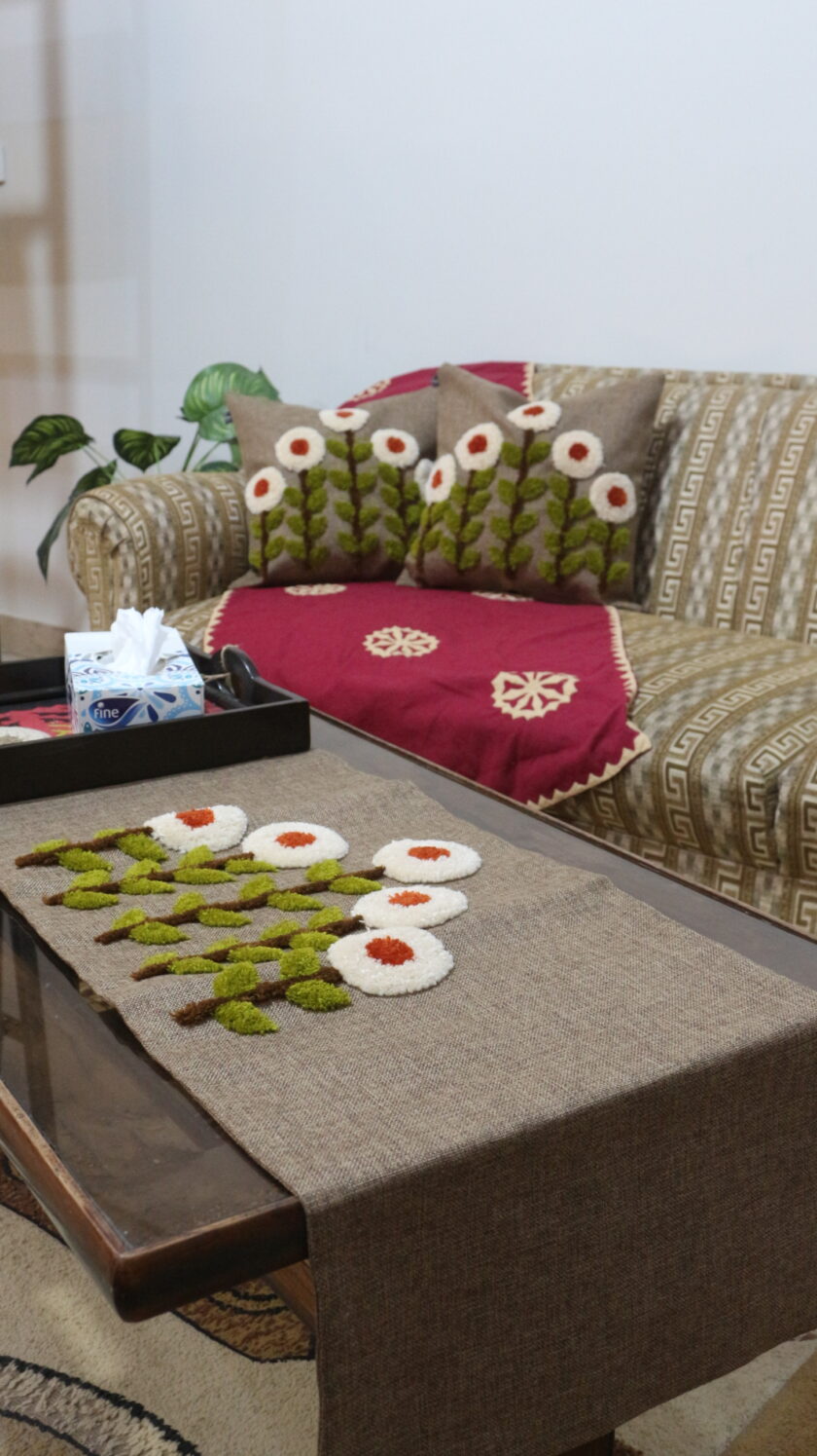 5 Pcs Jute 3D Floral Runner Cushions Set