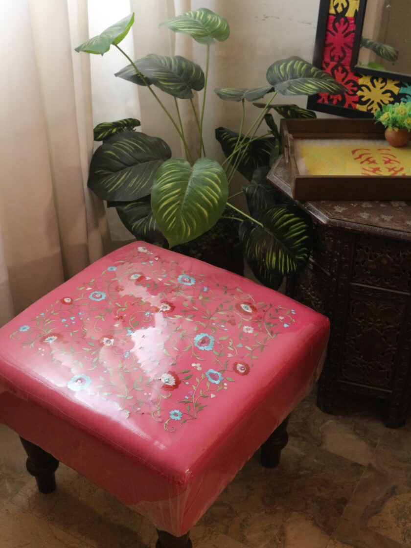 Square Puffy Stool with Embroidery