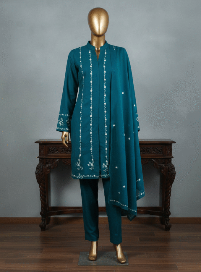 3 Pcs Embroidered Suit with Mirror Work
