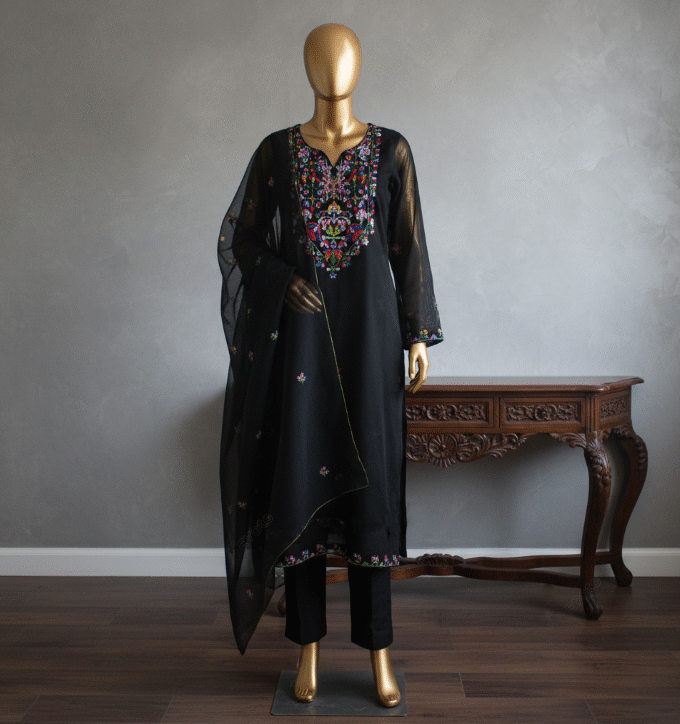 2 Pcs Embroidered Suit with Mirror Work